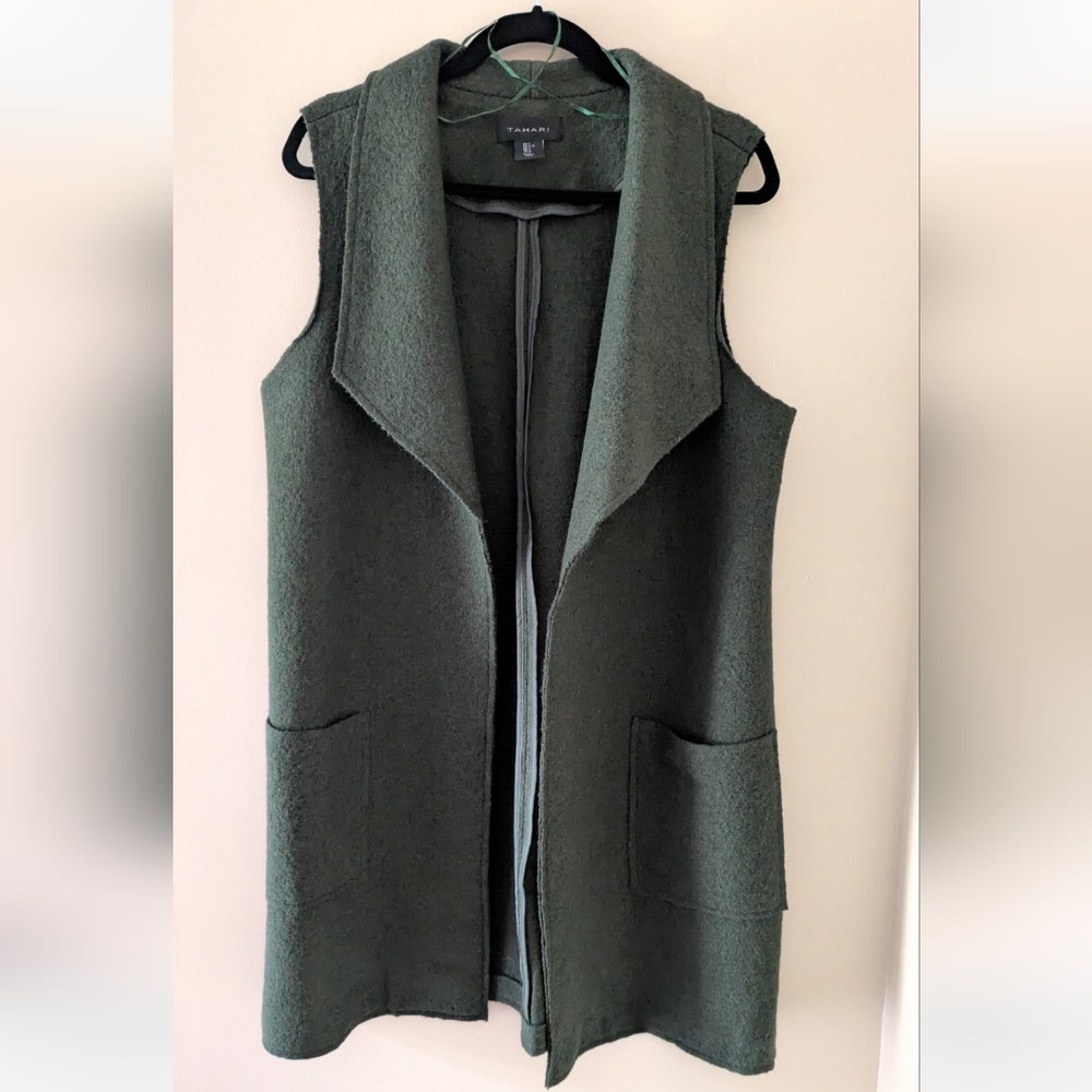 Tahari Wool Olive Open Front Vest ~ Sz L